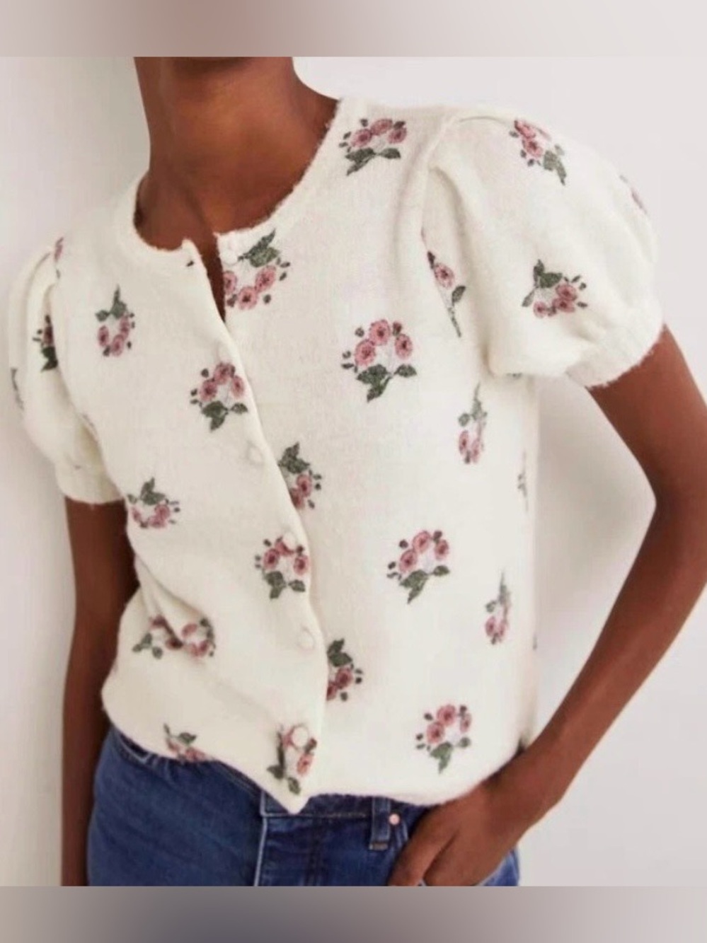Boden Printed Puff Sleeve Short Sleeve Floral Cardigan Sweater Top. XS. NEW.